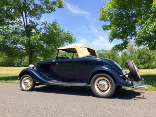 1934 Ford Roadster blue in park on green grass outdoor sky