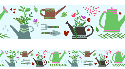 Seamless border, ribbon, gardening, watering can, potted flowers. Spring time vector drawing. Design for duct tape, adhesive tape, wallpaper, textile, dyeing.