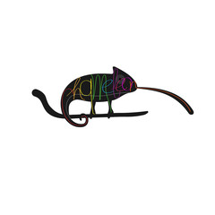 Chameleon on a branch. Lizard flat icon. Lettering. Vector illustration.