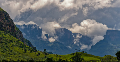 Cathedral Peak Range with stormy clouds in the Drakensberg South Africa
