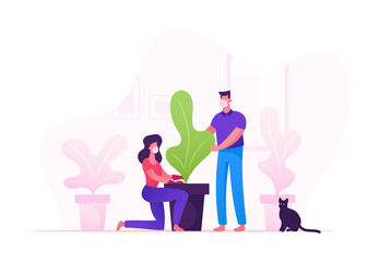 Couple Characters in Medical Mask Care of Houseplants. Man and Woman Cultivating Potted Plant at Home Enjoying Gardening at Covid19 Pandemic Quarantine Isolation. Cartoon People Vector Illustration