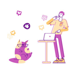 Male Character or Teenager Watching Funny Viral Video Clip on Laptop with Cute Cat Wearing Glasses Playing. Social Media and Heart Icons around. Shared Internet Content. Linear Vector Illustration