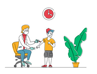 Little Patient Get Vaccine in Hospital. Child Vaccination, Immunization Procedure. Female Doctor Character Put Injection to Kid. Medic Shoot Medicine in Boy Shoulder. Linear People Vector Illustration