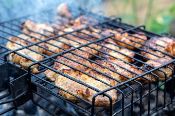 Process cooking meaty steak on a barbecue grill outdoors. Picnic, eating outdoors. Metal barbecue grill (brazier).