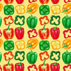 Color bell peppers with slices. Vegetable seamless pattern design for packaging, menu, paper, kitchen textile.