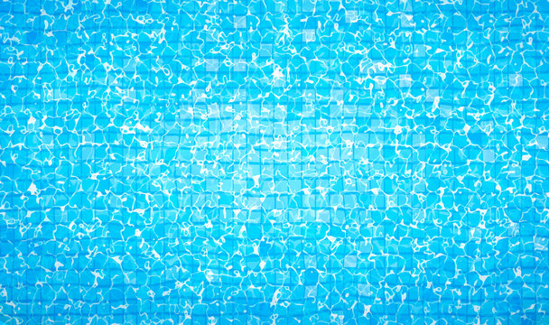 Swimming pool bottom caustics ripple and flow with waves background. Summer background. Texture of water surface. Overhead view. Blue sea pool water. Vector illustration background