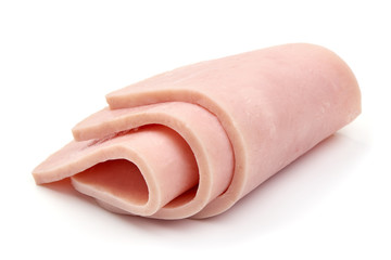 Fototapeta na wymiar Boiled ham sausage slices, isolated on white background