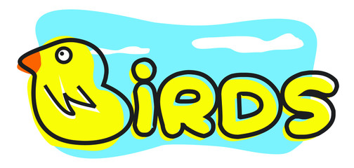 Drawing of a bird that forms the word bird. It has a sky background. Child drawing vector.