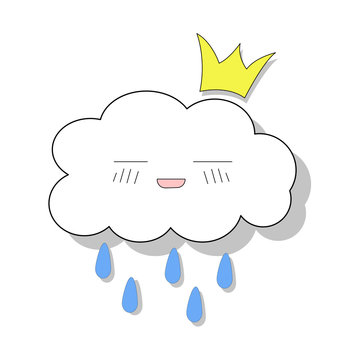 Merry rainy cloud in the crown. Children's drawing. Isolated on a white background for children's parties, wallpaper, book illustration. Funny clouds in love, vector and stock illustrations.