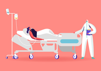 Female Character Lying in Clinic Department Chamber in Hospital Applying Dropper Treatment during Covid19 Pandemi. Doctor Stand near Patient Bed during Appointment. Cartoon People Vector Illustration