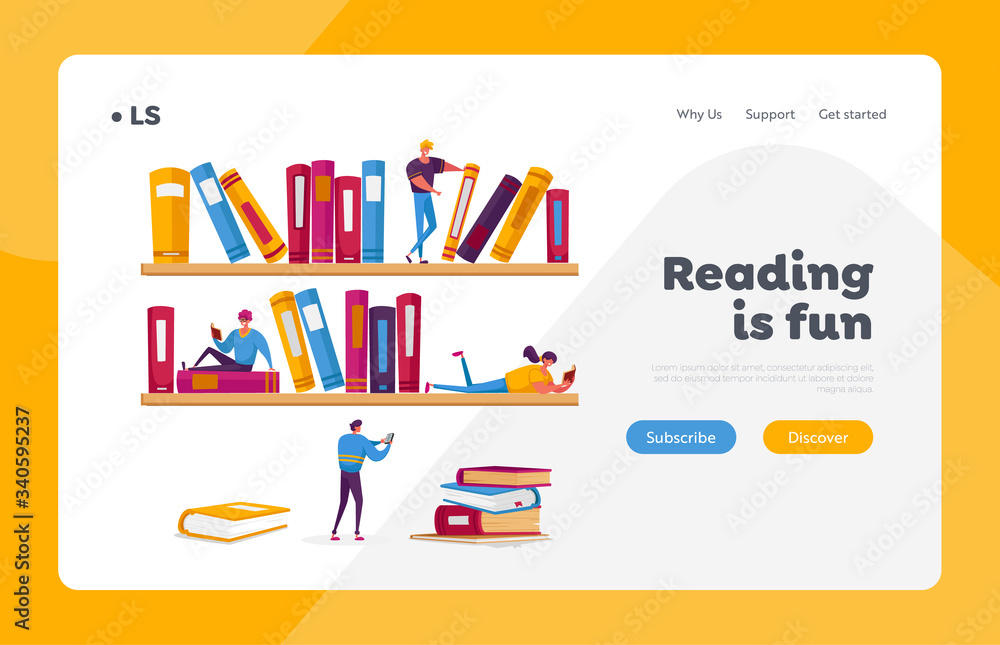 Poster people students spend time in athenaeum landing page template. tiny characters reading in library si