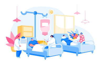 Doctor and Nurse Characters Visiting Patient in Chamber. Medicine Health Care, Medical Staff in Hospital Consultation, Diagnosis Treatment. Woman with Flowers. Cartoon People Vector Illustration