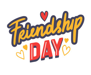 Friendship Day Typography with Doodle Drawings Isolated on White Background. Slogan for T-Shirt Print, Design Element, Quote for Greeting Card. Hand Written Letters and Hearts. Vector Illustration