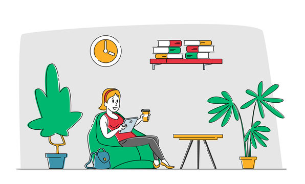 Remote Freelance Work Concept. Woman Freelancer Sitting in Comfortable Beanbag Armchair with Coffee Cup Working Distant on Tablet. Creative Employee Character Work at Home. Linear Vector Illustration