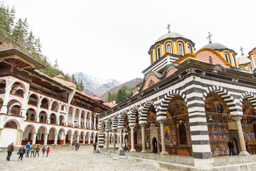 Orthodox Rila Monastery, a famous tourist attraction and cultural heritage monument in the Rila Nature Park mountains in Bulgaria