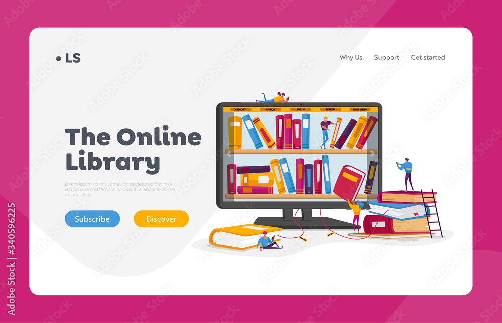 Poster online library and media books archive landing page template. tiny people characters at huge compute