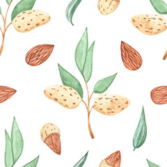 Watercolor nuts seamless pattern. Cashews, almonds, hazelnuts, walnut. Illustration for menu, catalog, restaurant, cartoon, game, kitchen, textile, decor.