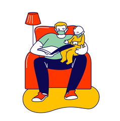 Parent with Kid Spend Time Together. Single Father Character in Medical Mask Reading Book to Son, Baby Listen Dad. Covid19 Quarantine Sparetime, Stay Home Isolation. Linear People Vector Illustration