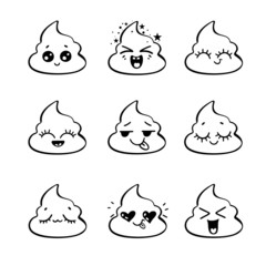 Emotional shit icons. Cute funny poop set.  Happy emoji, emoticons. Smiling faces symbols. Vector signs