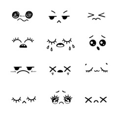 Negative emotions or hand drawn illustration emoji faces expressions. Vector cartoon style comic sketch icons set