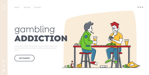 Bad Habits and Addiction Landing Page Template. Male Characters Smoking and Playing Cards Sitting at Table with Alcohol Drink Bottles. Men Playing Gambling, Gaming. Linear People Vector Illustration
