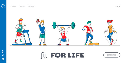 Fototapeta premium Characters Training with Sports Equipment in Gym Landing Page Template Set. People Doing Fitness Workout with Weight, Running on Treadmill. Sport Activity, Healthy Life. Linear Vector Illustration