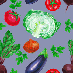 Eggplant, beetroot, onion, parsley, tomatoes. Vegtetable seamless pattern design for paper, kitchen textile, fabric, packaging.