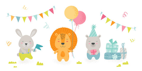 Cute Scandinavian Boho Style Teddy Animals Celebrate Happy Birthday Party. Kawaii Rabbit, Lion and Bear Holding Holidays Equipment Balloons, Gifts and Flag, Kids Design. Cartoon Vector Illustration