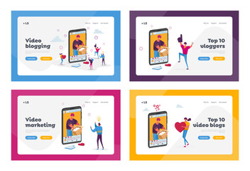 Fashion Blogger Unpacking Cardboard Box Recording Video Landing Page Template Set. Characters Watch Broadcasting Expertise for Product of Influencer on Smartphone. Cartoon People Vector Illustration