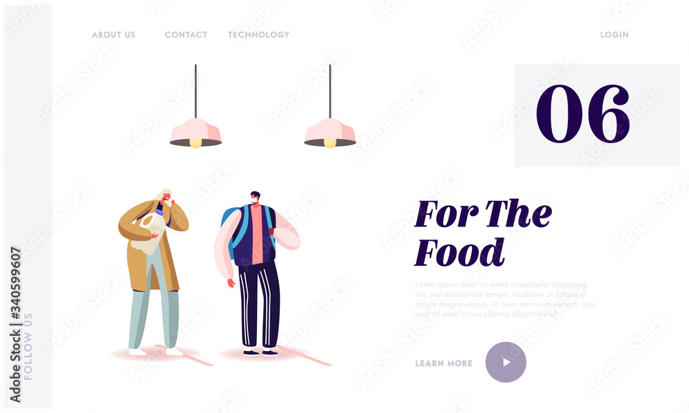 Poster characters stand in grocery queue with keep distance lines landing page template. woman coughing cus