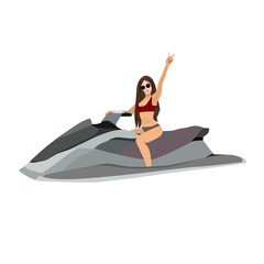 Vector illustration. Images of jet ski in gray colors with a girl in a swimsuit. Vector jet ski with a girl in flat style.