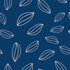 Seamless hipster pattern with tender pink Cocoa beans at blue background. Hand drawn vector illustration, graphics, monochrome.