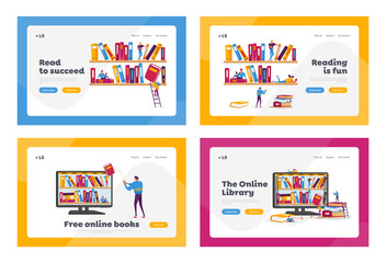 Library, Media Archive Landing Page Template Set. People Read and Study, Students Prepare for Exam, Gaining Knowledges. Tiny Characters on Huge Shelf and Pc Reading Books. Cartoon Vector Illustration