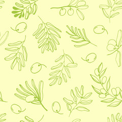Olives seamless pattern with olive branches and fruits for Italian cuisine design or extra virgin oil food or cosmetic product packaging wrapper. Hand drawn Illustration in vector.