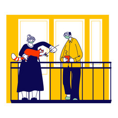 Senior Male and Female Characters in Medical Mask Stand on Balcony of Apartments Communicating and Playing with Cat during Covid19 Pandemic Quarantine Self Isolation. Linear People Vector Illustration