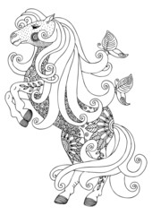 Horse. Hand drawn picture. Sketch for anti-stress adult coloring book in zen-tangle style. Vector illustration for coloring page.