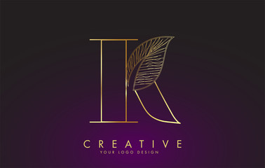Outline Golden Letter K Logo icon with Wired Leaf Concept Design.