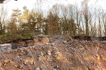 Rocks, gravel, sand and earth after blasting.