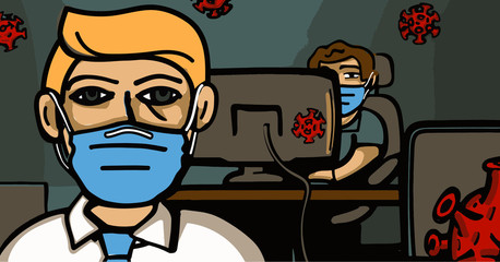 An illustration of people going to work during the covid19 pandemic. Staying safe and protected by wearing face mask.