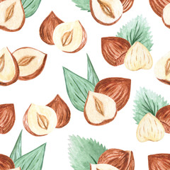 Watercolor nuts seamless pattern. Cashews, almonds, hazelnuts, walnut. Illustration for menu, catalog, restaurant, cartoon, game, kitchen, textile, decor.