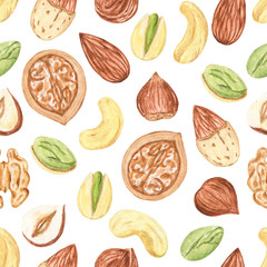 Watercolor nuts seamless pattern. Cashews, almonds, hazelnuts, walnut. Illustration for menu, catalog, restaurant, cartoon, game, kitchen, textile, decor.