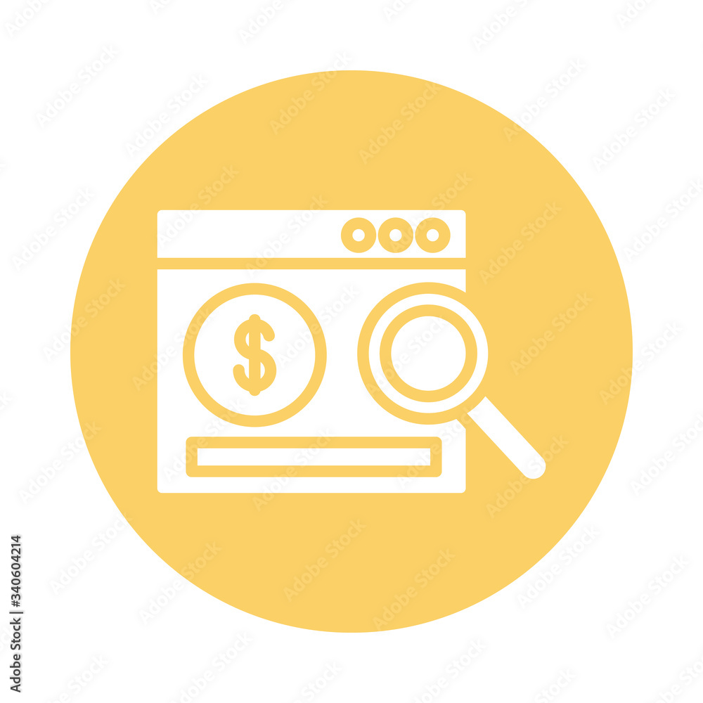 Poster coin dollar in webpage with magnifying glass block style