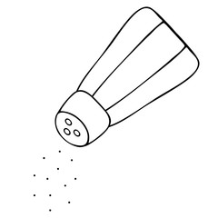 Table salt in a salt shaker. Sketch. Vector illustration. Outline on an isolated background. Doodle style. Used in food preparation, gargling for colds. Web design, menu.