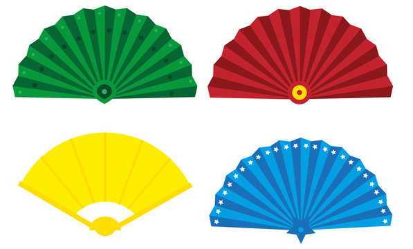 Sample of colored fans, isolated illustration of utensil for giving air