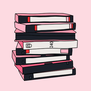 Vintage Collection of Cassette Video Tapes Sack Icon. Mockup Design Template Retro VHS with blank Labels for Custom Text in 80's and 90's Style on Pink Background