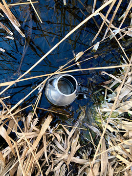 An old metal kettle in blue water among the reeds.

