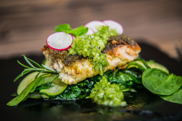 The food in the restaurant. Food styling and restaurant meal serving. Gourmet restaurant menu concept. Creative stylist restaurant