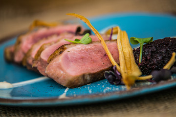 The food in the restaurant. Food styling and restaurant meal serving. Gourmet restaurant menu concept. Creative stylist restaurant