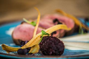 The food in the restaurant. Food styling and restaurant meal serving. Gourmet restaurant menu concept. Creative stylist restaurant