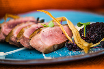 The food in the restaurant. Food styling and restaurant meal serving. Gourmet restaurant menu concept. Creative stylist restaurant